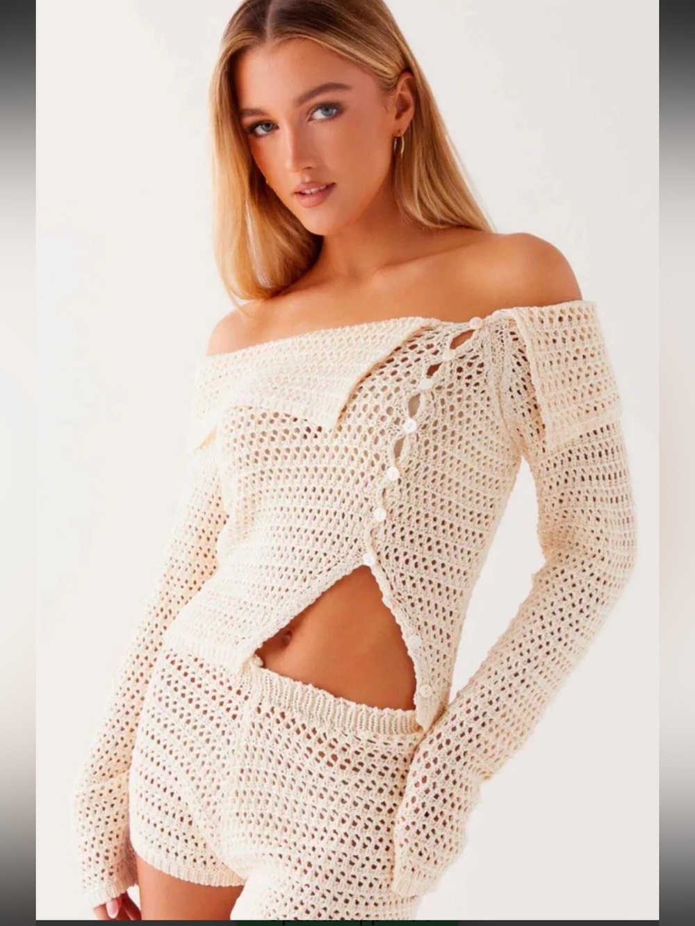 Crochet Off-Shoulder Ivory Top